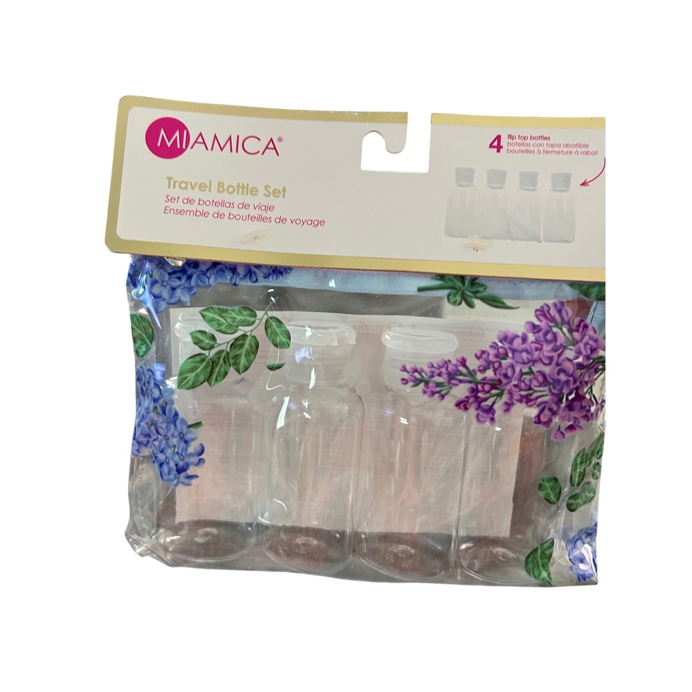 Miamica Travel Bottle‎ Set 4 Flip Top Bottles Floral Zipper Pouch Labels New